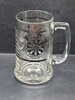 Vintage Dartboard Beer Mug Glass Tankard Black Stripe Barware 5.5” Heavy Glass